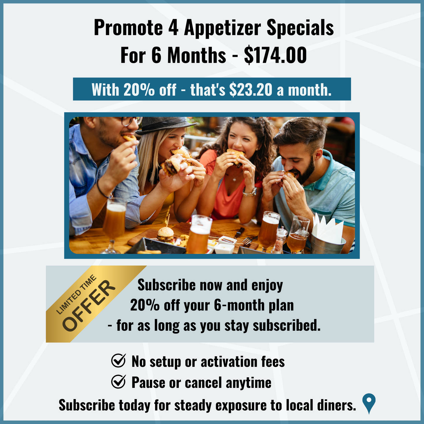 8. 6 Month Subscription For Marketing 4 Appetizer Specials.