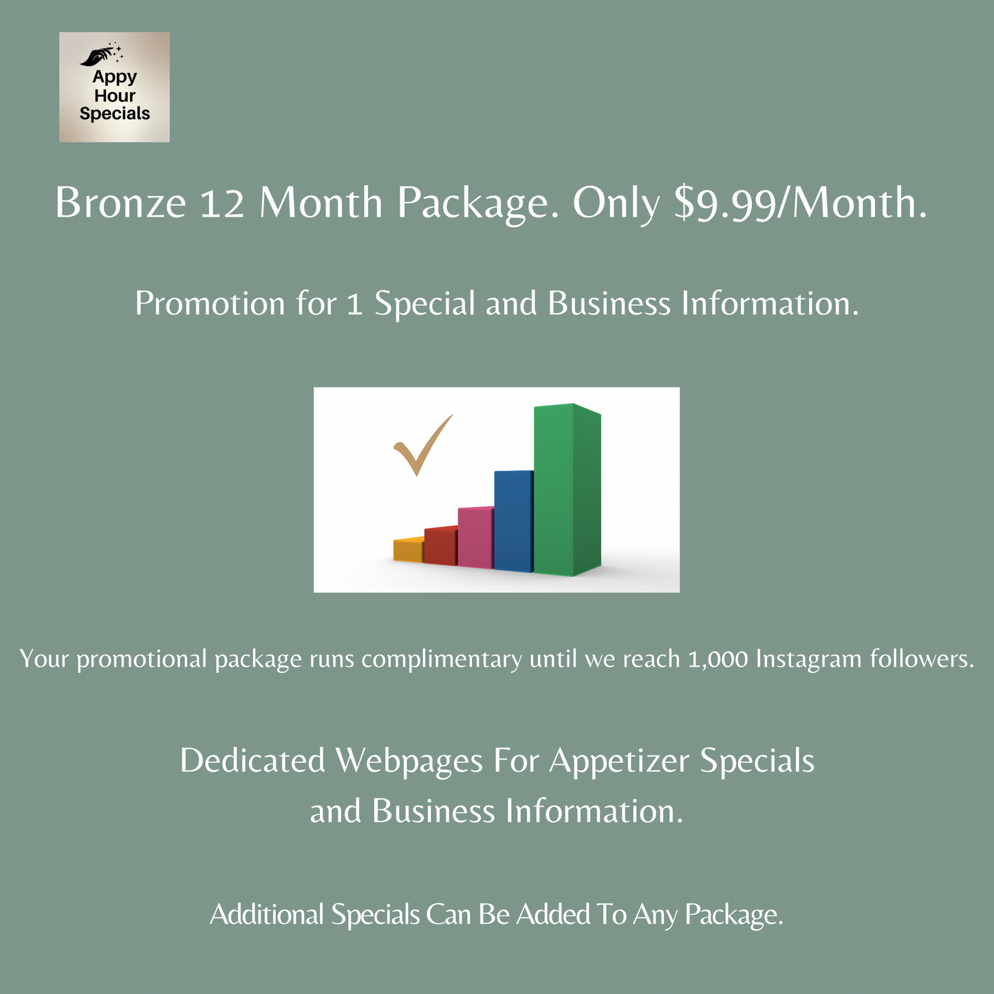 #1 Bronze 12 Month Appetizer Marketing Package. $9.99 Per Month