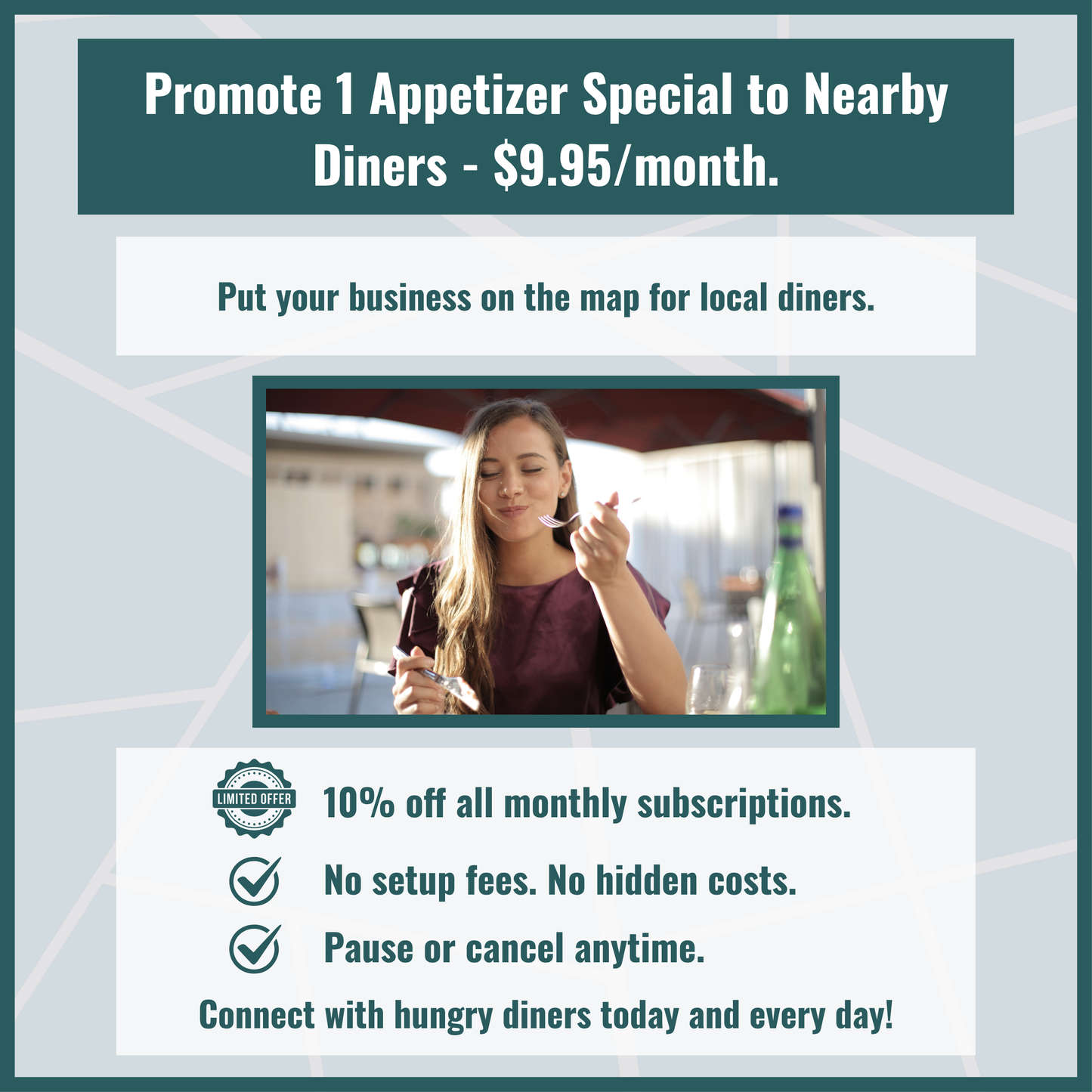 1. Monthly Subscription For Marketing For 1 Appetizer Special.